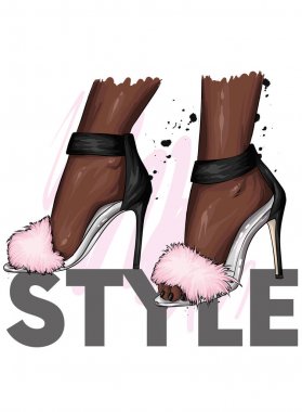 Kabarık kürk ile güzel şık kadın ayakkabıları. Yüksek topuklu trendy sandalet. Moda ve stil, giyim ve aksesuarlar. Vektör çizimi.