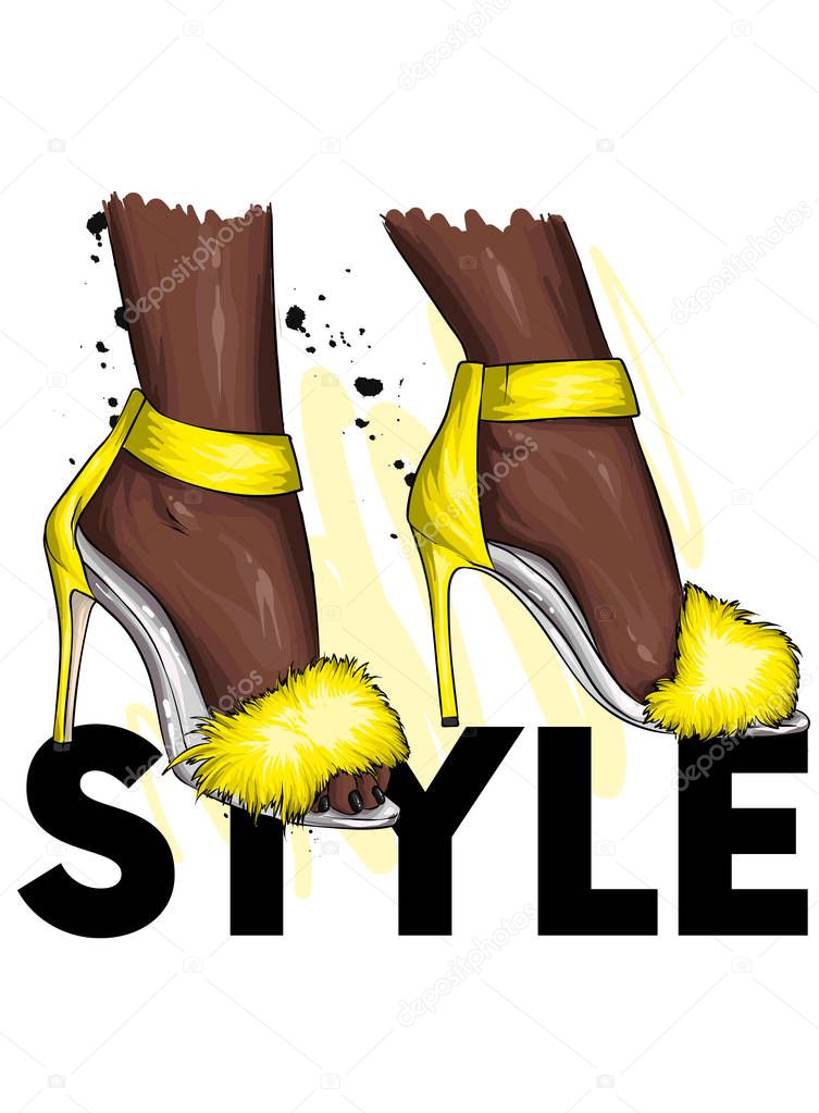 Beautiful stylish women's shoes with fluffy fur. Trendy sandals with high heels. Fashion and style, clothing and accessories. Vector illustration.