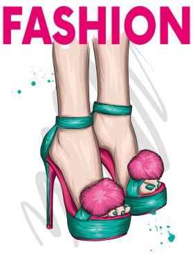 Kabarık kürk ile güzel şık kadın ayakkabıları. Yüksek topuklu trendy sandalet. Moda ve stil, giyim ve aksesuarlar. Vektör çizimi.