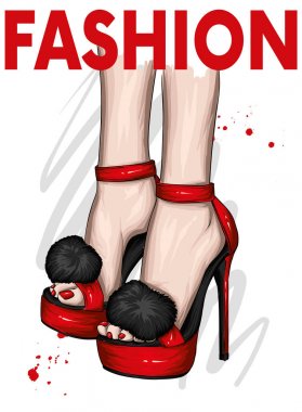 Kabarık kürk ile güzel şık kadın ayakkabıları. Yüksek topuklu trendy sandalet. Moda ve stil, giyim ve aksesuarlar. Vektör çizimi.