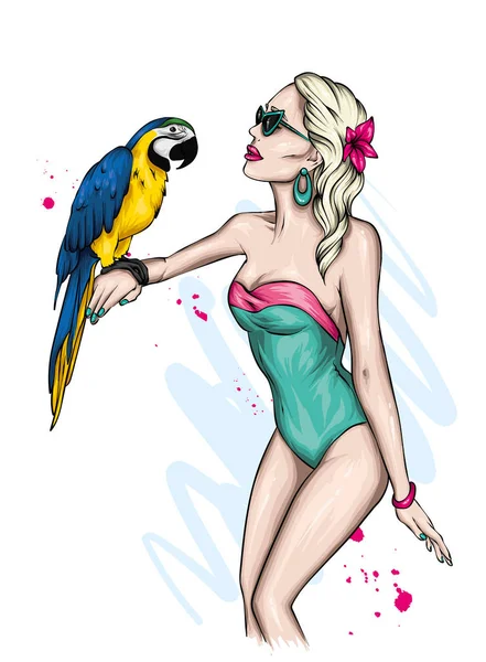 Beautiful Girl Stylish Swimsuit Parrot Summer Rest Fashion Style Clothing — Stock Vector