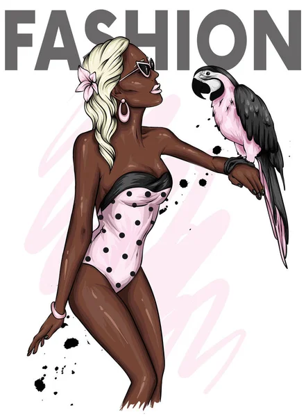 세련된 수영복을 아름다운 앵무새 여름과 스타일 액세서리 포스터에 머리를 — 스톡 벡터