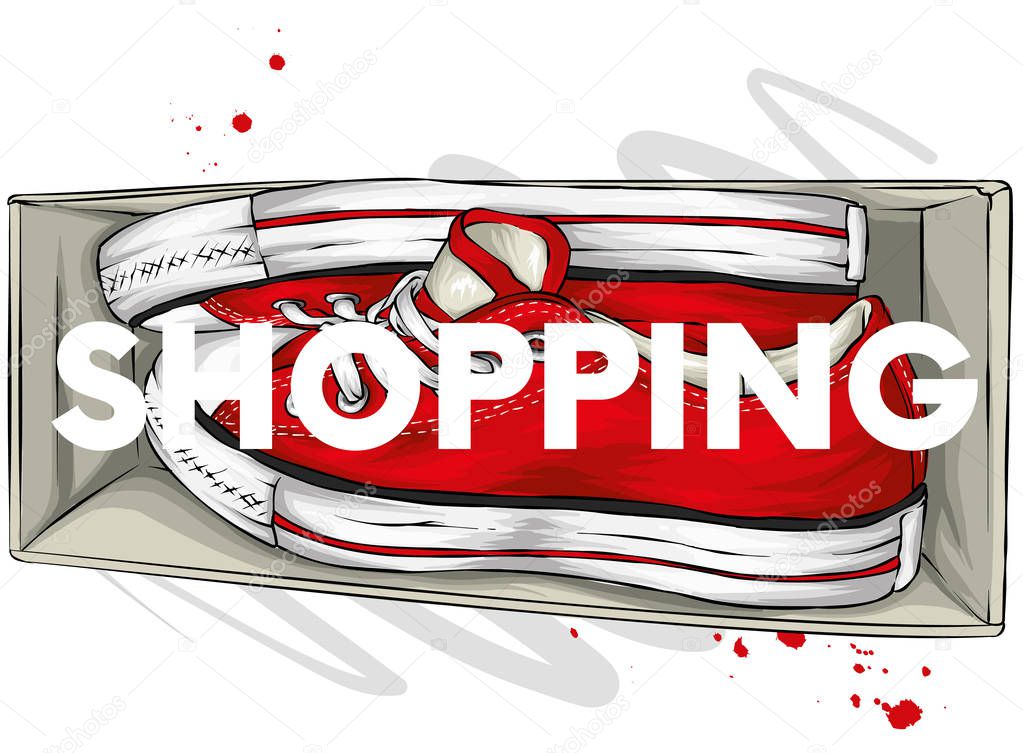 Beautiful sneakers. Vector illustration for a picture or poster. Youth shoes. Sports, running and walking.