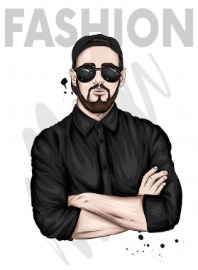Bir gömlek, bir kap ve gözlük yakışıklı bir adam. Vektör çizim. Moda, Stil, giyim ve aksesuarları. Şık adam.
