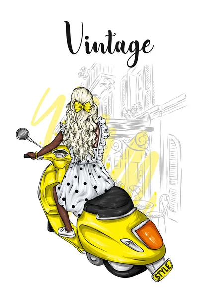 Gyönyörű Lány Hosszú Haja Nyári Ruha Egy Vintage Moped Divat — Stock Vector