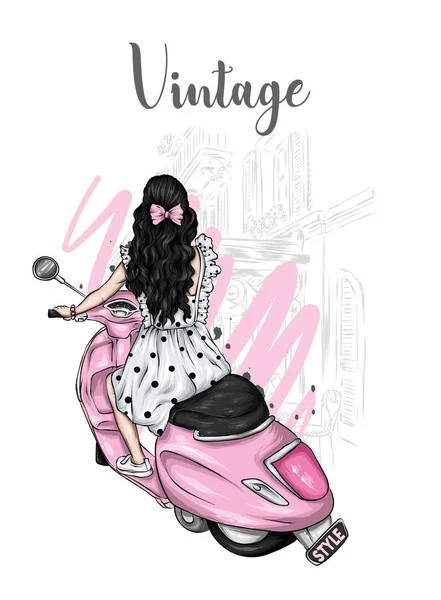 Bir yaz elbise uzun saçlı güzel kız bir vintage moped oturur. Moda ve stil, giysi ve aksesuarlar. Bir kart veya poster için çizim.