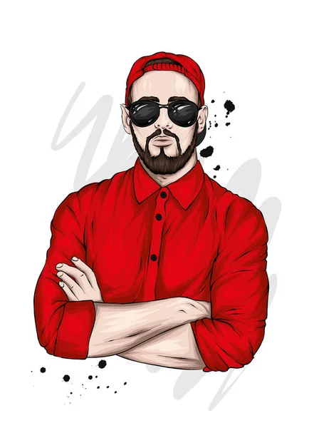 Tipo Guapo Con Camisa Gorra Gafas Ilustración Vectorial Moda Estilo — Archivo Imágenes Vectoriales