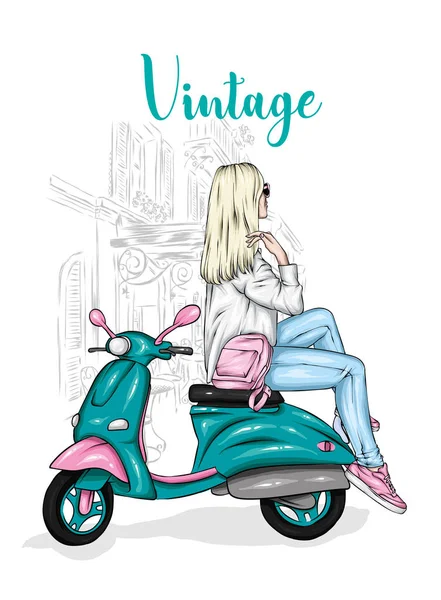 Gyönyörű Lány Egy Stílusos Bezárja Egy Vintage Moped Képeslapként Vagy — Stock Vector