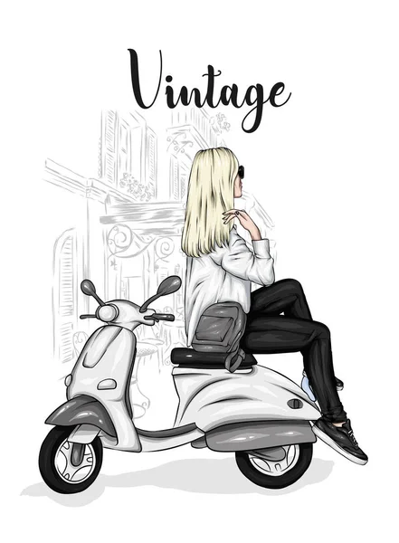 Beautiful Girl Stylish Closes Sits Vintage Moped Vector Illustration Postcard — Stock Vector