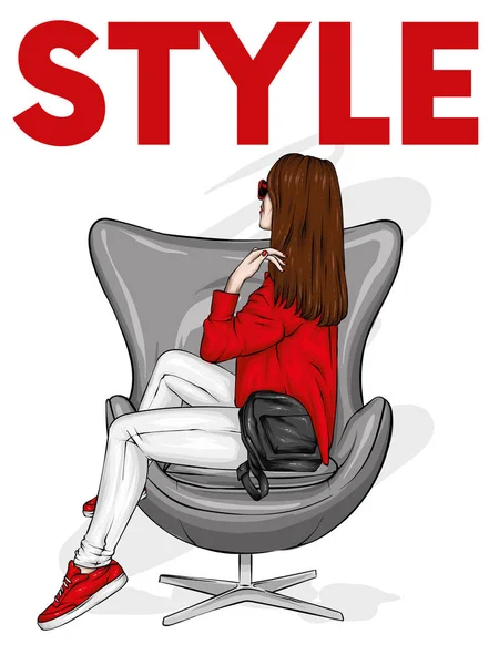 穿时尚衣服的女孩坐在扶手椅上 明信片或海报的矢量插图 服装和配件的打印 时尚与时尚 — 图库矢量图片