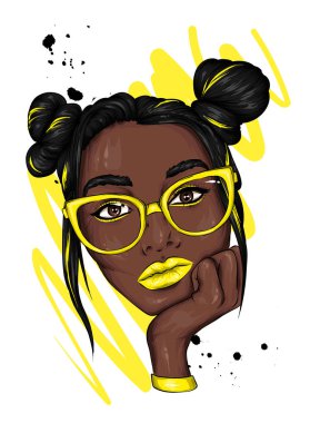 Kafasında çörekler olan gözlüklü güzel bir kız. Moda ve stil, giyim ve aksesuarlar. Yaz. Deniz ve dinlenme. Kartpostal veya poster için vektör illüstrasyonu, giysi ve aksesuarlar için baskı