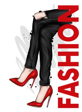 Dar pantolonlar ve yüksek topuklu ayakkabılar içinde uzun ince bacaklar. Moda, tarz, giysi ve aksesuarlar. Vektör çizimi. Şık kız..