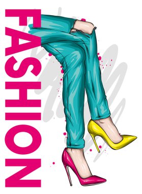 Dar pantolonlar ve yüksek topuklu ayakkabılar içinde uzun ince bacaklar. Moda, tarz, giysi ve aksesuarlar. Vektör çizimi. Şık kız..