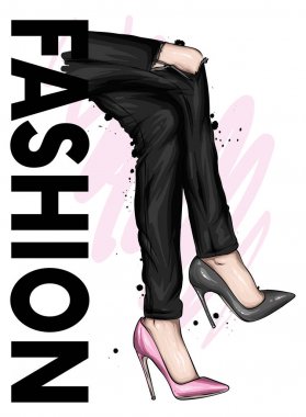 Dar pantolonlar ve yüksek topuklu ayakkabılar içinde uzun ince bacaklar. Moda, tarz, giysi ve aksesuarlar. Vektör çizimi. Şık kız..