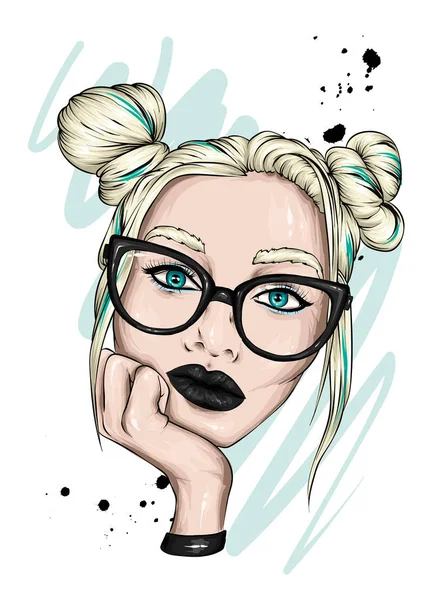 Hermosa Chica Gafas Con Bollos Cabeza Moda Estilo Ropa Accesorios — Vector de stock