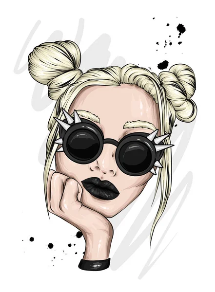 Hermosa Chica Gafas Con Bollos Cabeza Moda Estilo Ropa Accesorios — Vector de stock