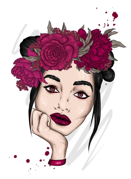 Hermosa Chica Con Pelo Largo Una Corona Rosas Peonías Flores — Vector de stock