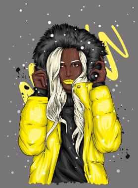 Sıcak bir ceket ve kürk lü bir başlık uzun saçlı güzel kız. Moda ve stil, giysi ve aksesuarlar. Sonbahar ve kış. Bir kart veya poster için vektör çizimi. Hipster.