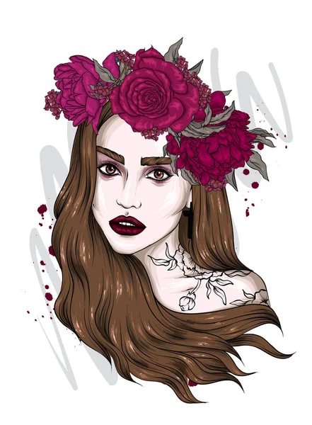 Hermosa Chica Con Pelo Largo Una Corona Rosas Peonías Flores — Vector de stock