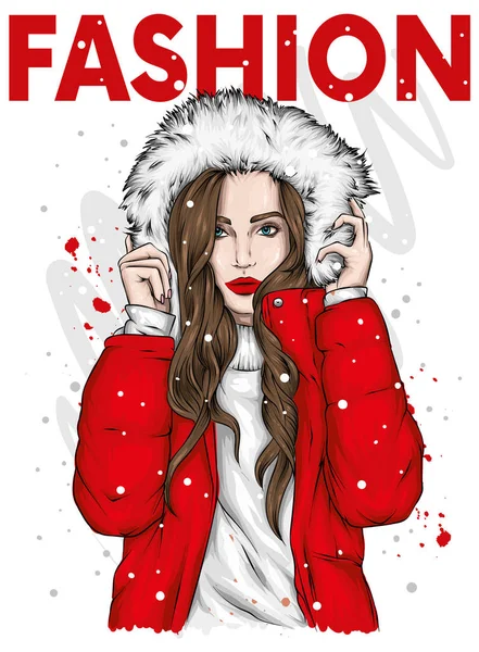 Beautiful Girl Long Hair Warm Jacket Hood Fur Fashion Style — Stock Vector