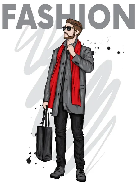 Yakışıklı bir adam uzun bir ceket, pantolon, Ayakkabı ve gözlük. Şık bir görünüm. Vektör çizim bir kartpostal veya poster, giysiler için yazdırma için. Moda ve stil.