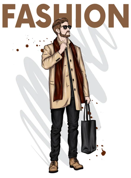 Bel Homme Manteau Long Pantalon Chaussures Lunettes Look Mode Illustration — Image vectorielle