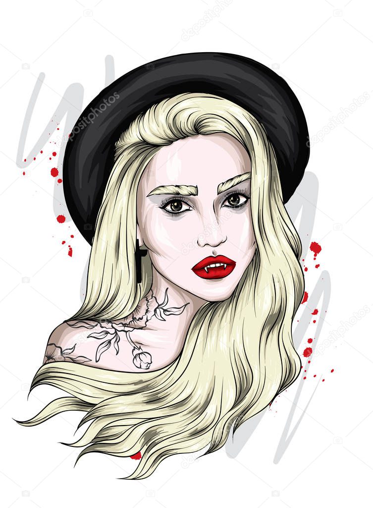 Beautiful vampire girl in a stylish hat. Long hair. Hipster. Carnival costume, halloween, party. Vector illustration for a card or poster, print on clothes. Portert.