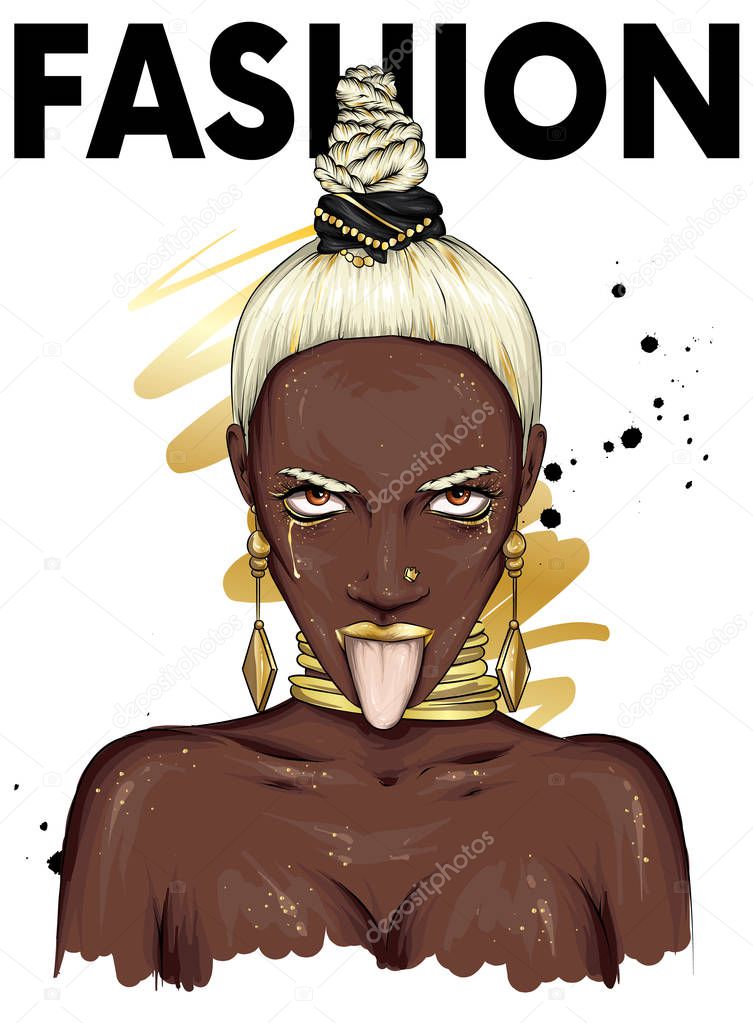 Beautiful black woman with stylish haircut, jewelry. Fashionable girl shows tongue. Honey. Vector illustration for a card or poster, print on clothes. Fashion and style, accessories