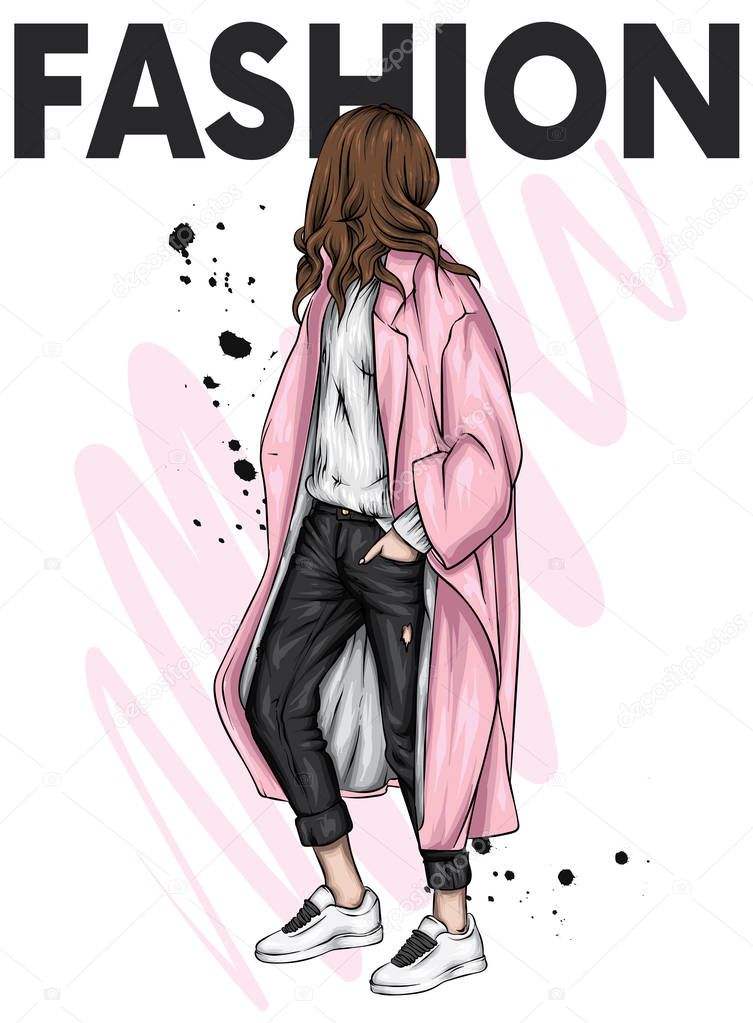 Beautiful, tall and slender girl in a stylish coat, trousers. Stylish woman in shoes. Fashion & Style. Vector illustration.