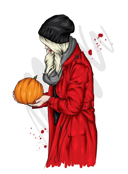 Girl Long Hair Autumn Coat Hat Scarf Holds Pumpkin Her — Stock Vector