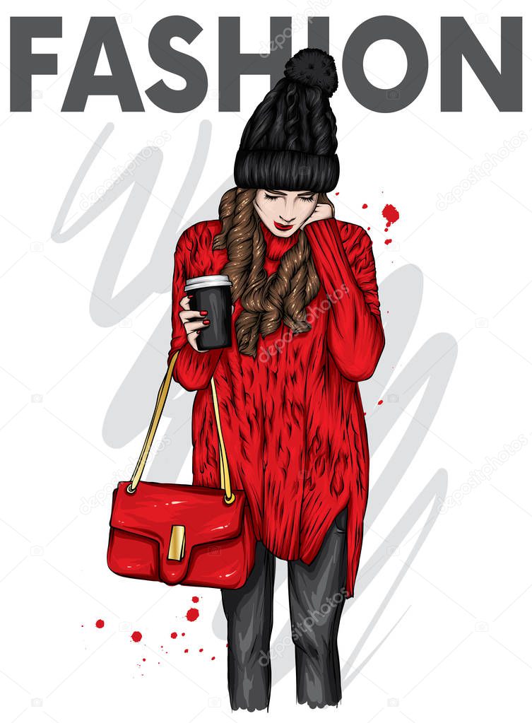 Beautiful girl with long hair in a stylish sweater and hat. Woman with a glass of coffee. Fashion and style, clothes and accessories, autumn, winter. Illustration for postcard or poster, print.