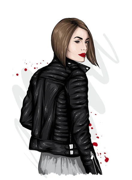 Hermosa Chica Con Peinado Moda Una Chaqueta Cuero Elegante Ilustración — Vector de stock