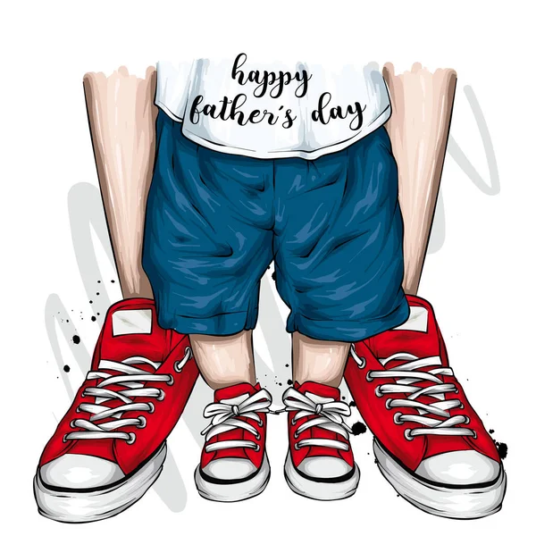 Volwassenen Kindervoeten Sneakers Kinderen Ouders Vaderdag Vector Illustratie Voor Een — Stockvector