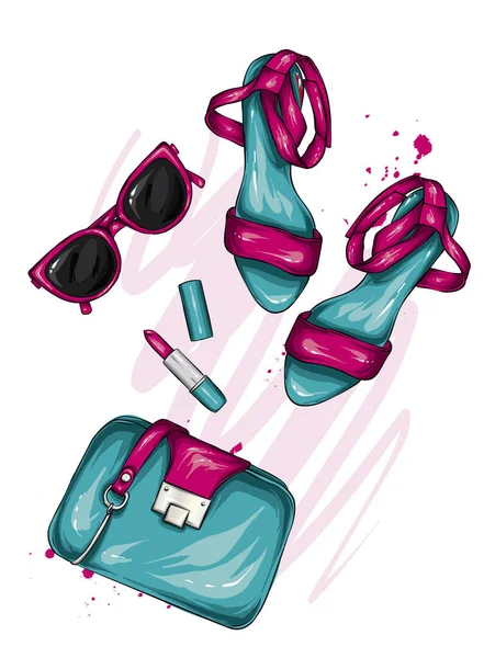 スタイリッシュな女性のアクセサリーの選択 お洒落なイラスト グリーティングカードやポスターのベクトル 服に印刷 ファッション スタイル バッグ メガネ 化粧品 スマートフォン — ストックベクタ