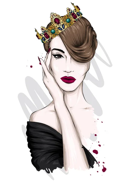 美丽的女孩 头戴皇冠 头戴宝石 大眼睛大嘴唇用于贺卡或海报的矢量插图 印在衣服上 — 图库矢量图片