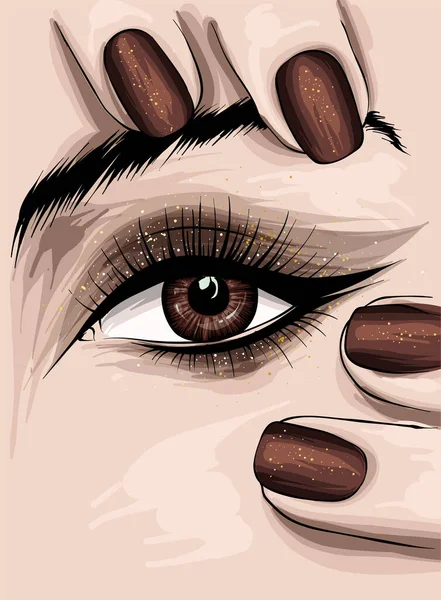 Hermoso Ojo Femenino Con Pestañas Largas Dedos Con Uñas Maquillaje — Vector de stock