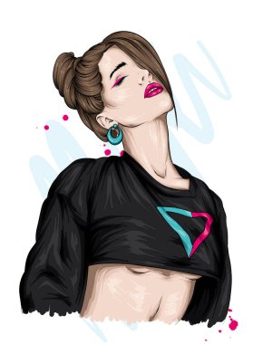 Güzel saç kesimi olan genç ve güzel bir kız. Ergen. Moda, tarz, kıyafetler ve aksesuarlar. Posta kartı ya da poster için vektör illüstrasyonu, yazdır. Hippi..