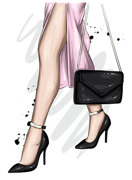 Lange Frauenbeine Schönem Rock Und Hochhackigen Schuhen Stilvolle Tasche Mode — Stockvektor