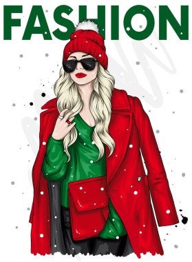 Şık kürklü, pantolonlu, şık eldivenli ve gözlüklü güzel bir kız. Uzun saçlı. Moda, tarz, kıyafetler ve aksesuarlar. Kış, yeni yıl ve Noel. Kürk. Vektör illüstrasyonu.