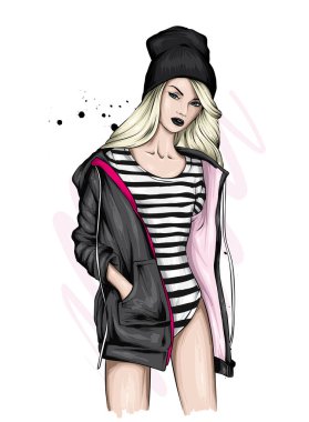Güzel bir mayo, ceket ve şapka giymiş uzun saçlı şık bir kız. Güzel kız. Moda uzmanı. Moda, tarz, kıyafetler ve aksesuarlar. Tebrik kartı veya poster için vektör illüstrasyonu.