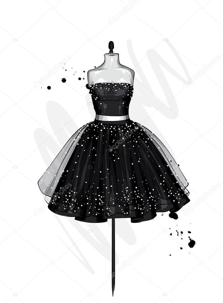 A beautiful dress with a lush skirt. Clothes on the mannequin. Vintage outfit for the girl. Vector illustration. Fashion, style, clothing and accessories.