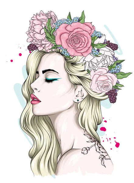 美丽的女孩 花环里有玫瑰和牡丹 大眼睛大嘴唇圆嘴唇 用于贺卡或海报的矢量插图 印在衣服上 — 图库矢量图片