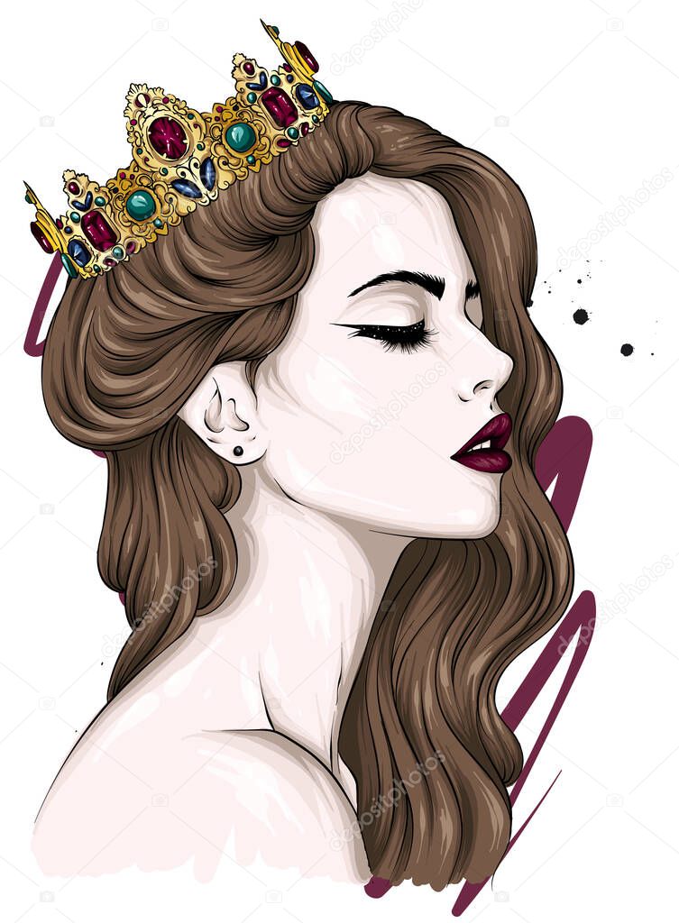 Beautiful girl with long hair in a crown with precious stones. Big eyes and full lips. Vector illustration for greeting card or poster, print on clothes. Fashion and style, accessories.