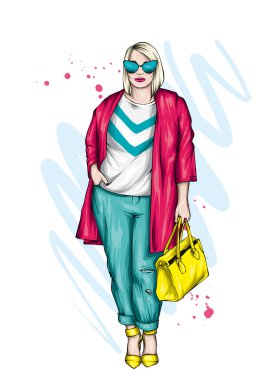 Paltosu, pantolonu ve gözlüğü olan güzel, iri yarı bir kız. Yüksek topuklu ayakkabılı şık bir kadın. Moda & Biçimi. Vektör çizimi. Vücut pozitif.