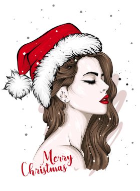 Uzun saçlı güzel bir kız. Tebrik kartı ya da poster için vektör illüstrasyon, kıyafetlerin üzerine baskı. Moda, Yeni Yıl ve Noel, Noel Baba şapkası.