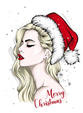 Uzun saçlı güzel bir kız. Tebrik kartı ya da poster için vektör illüstrasyon, kıyafetlerin üzerine baskı. Moda, Yeni Yıl ve Noel, Noel Baba şapkası.