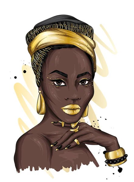 Una Hermosa Mujer Negra Turbante Con Patrones África Ropa Étnica — Vector de stock