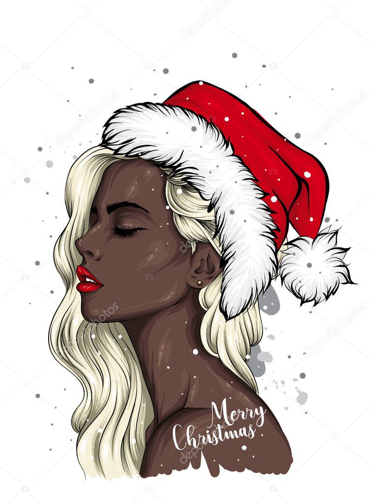 Beautiful girl with long hair. Vector illustration for greeting card or poster, print on clothes. Fashion, New Year and Christmas, Santa hat.