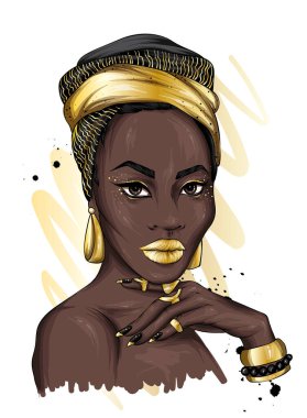 Sarıklı, desenli güzel siyah bir kadın. Afrika. Etnik kıyafetler, aksesuarlar, moda ve tarz. Vektör çizimi. Altın ve mücevherler..