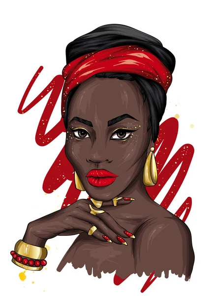 Una Hermosa Mujer Negra Turbante Con Patrones África Ropa Étnica — Vector de stock